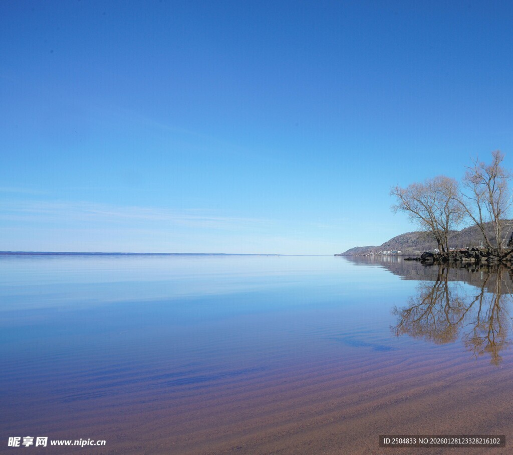 宁静湖面与岸边树木倒影