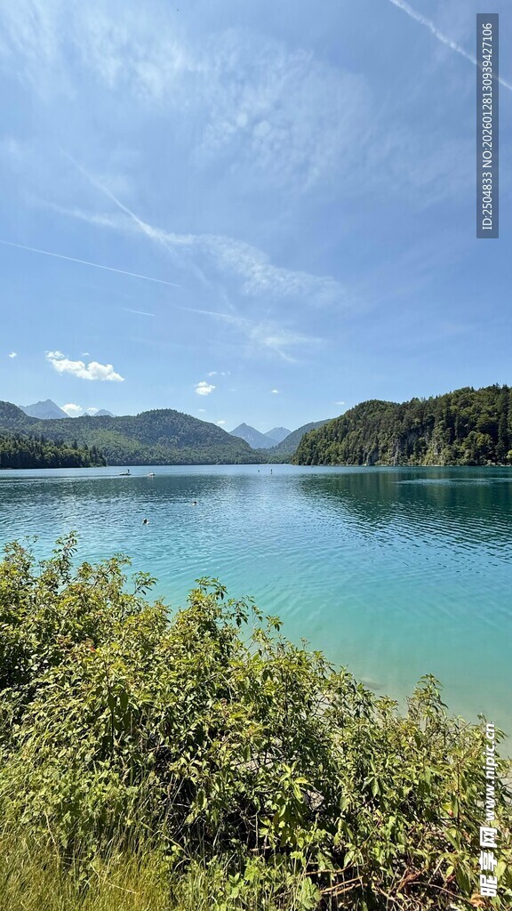 湖畔美景 绿意与蓝水相映