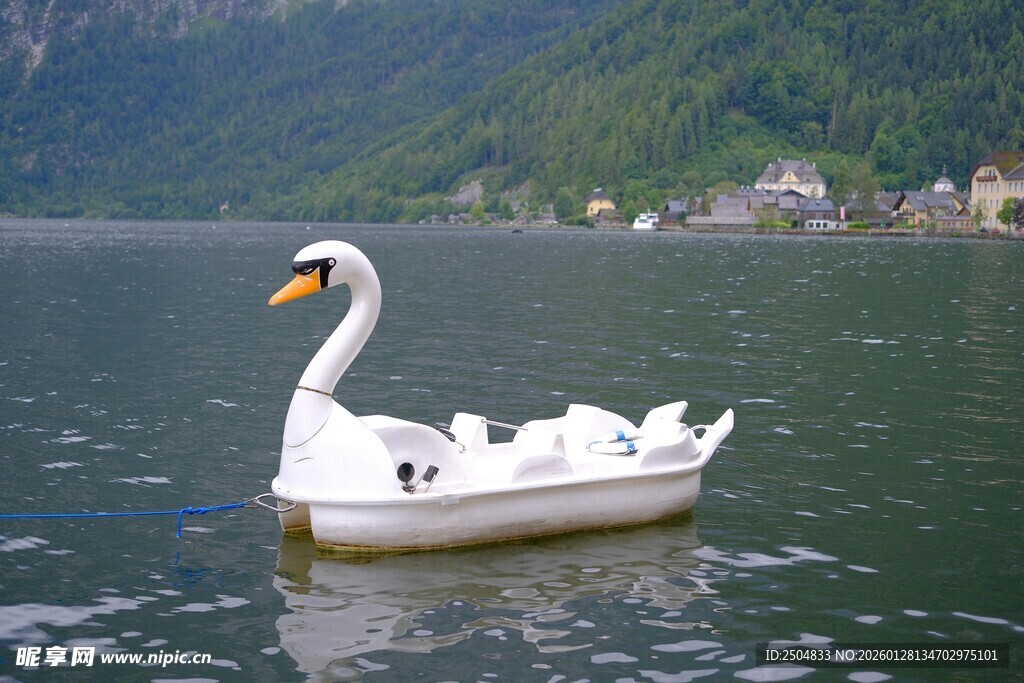 湖上的白色天鹅脚踏船