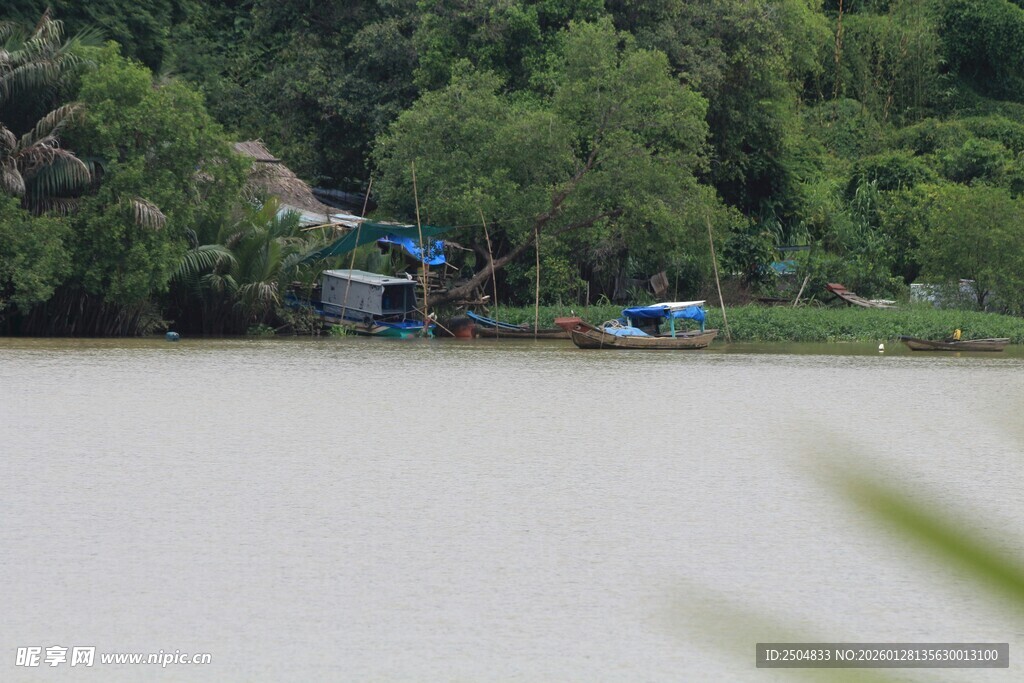湖畔小船与绿树景致