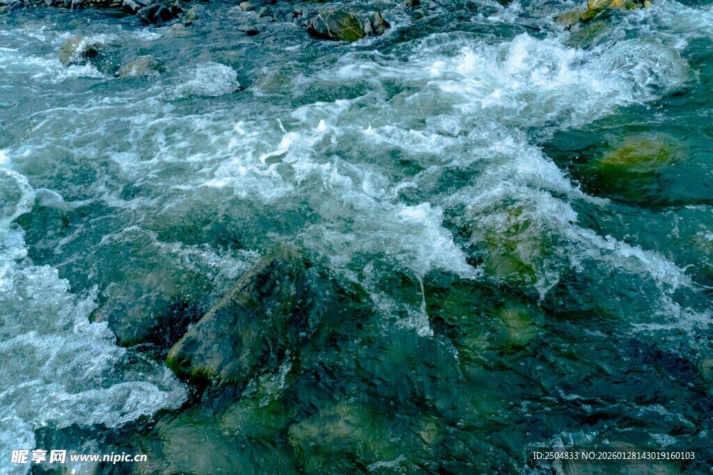 清澈溪流中的翻涌浪花