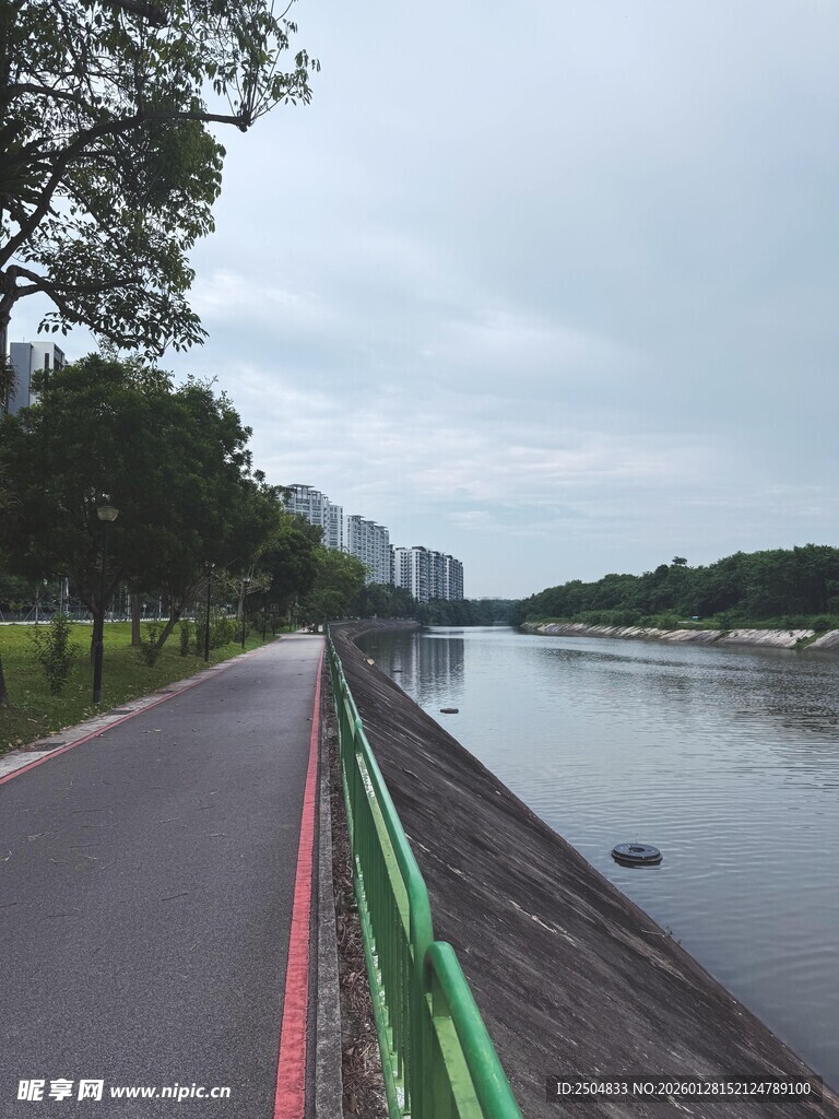 河边彩色步道与葱郁绿树