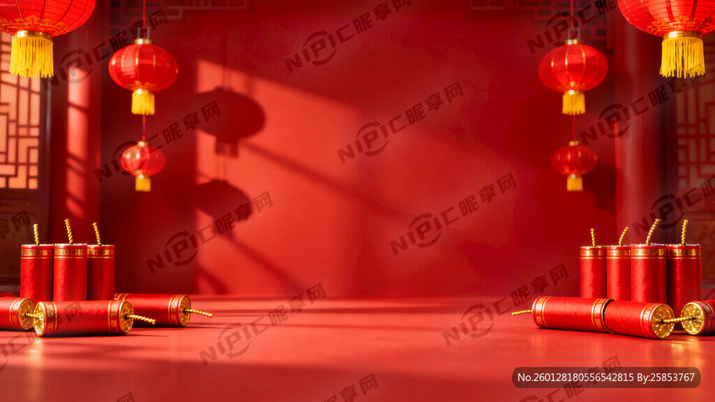 红色年会背景  灯笼 鞭炮