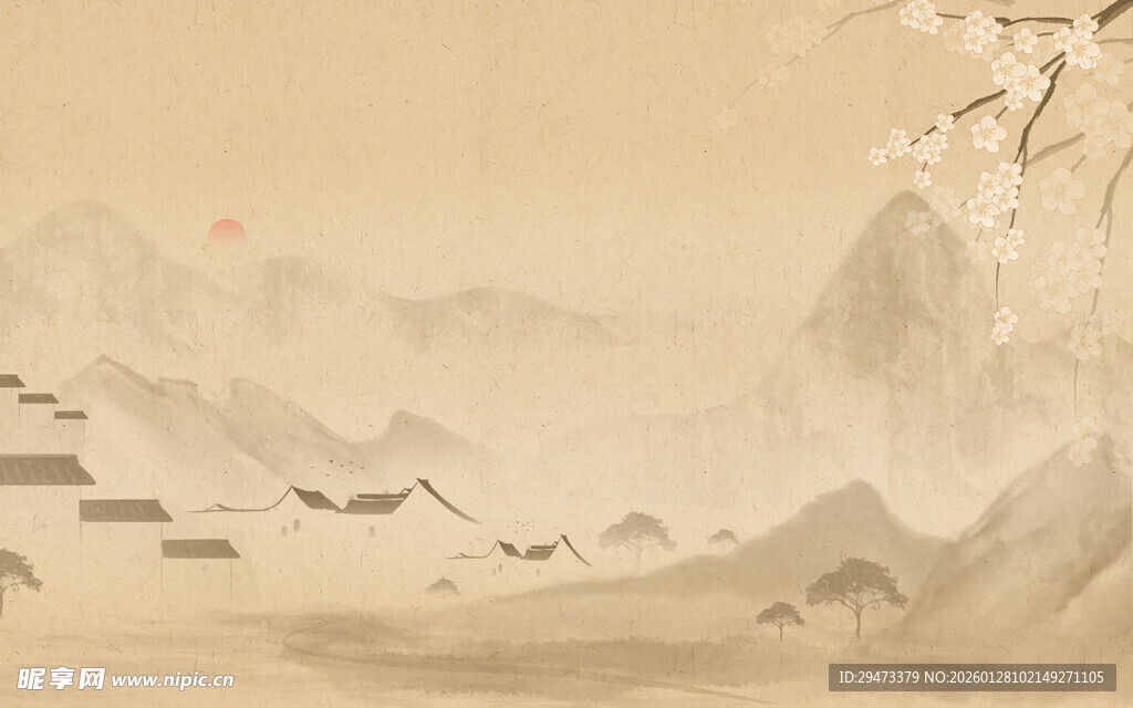 水墨山水间飞鸟图