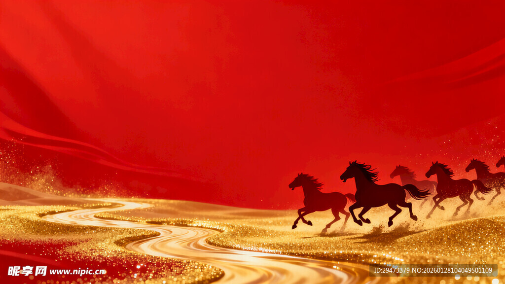 奔腾骏马于红金背景间