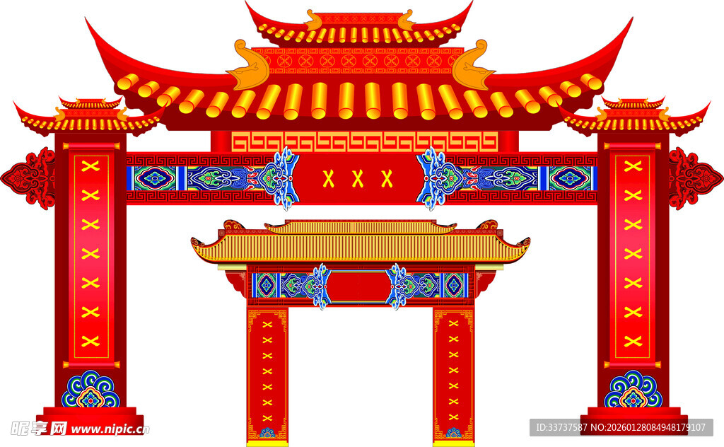 中式传统红色牌坊门楼牌楼庆典