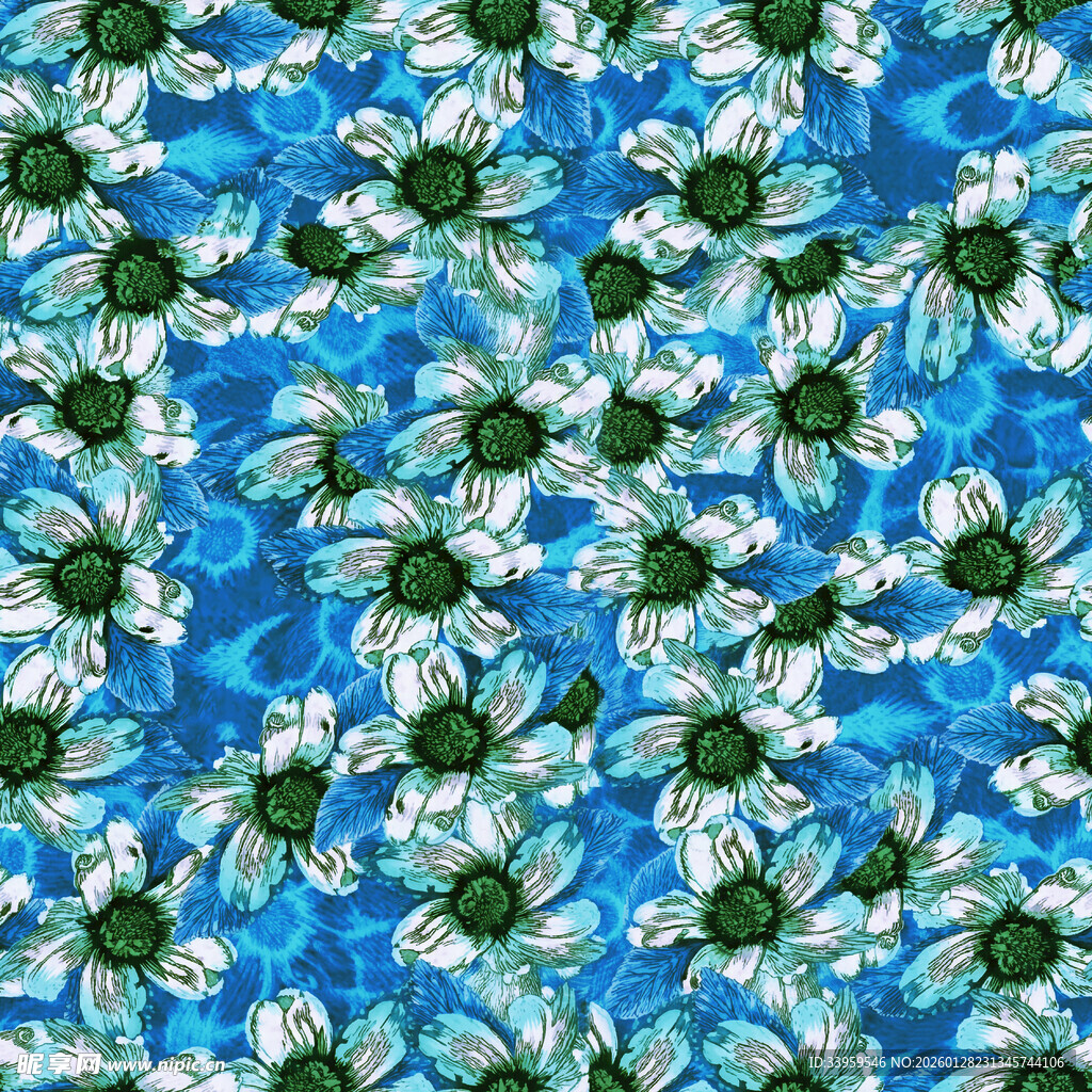 蓝色花卉图案布料纹理