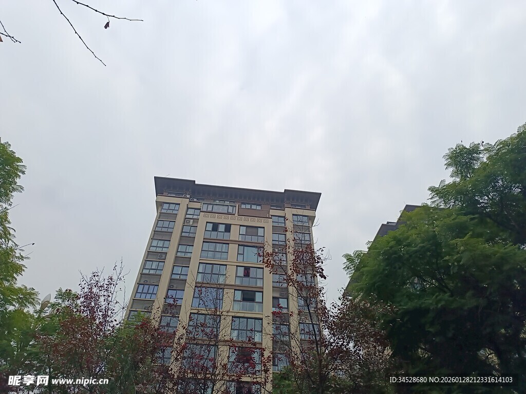 高楼耸立于绿树环绕间