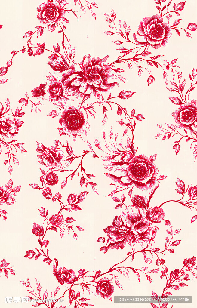 复古风红白花卉图案