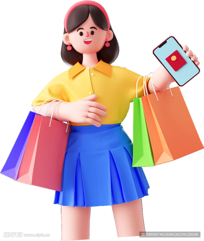 女孩手持手机开心购物