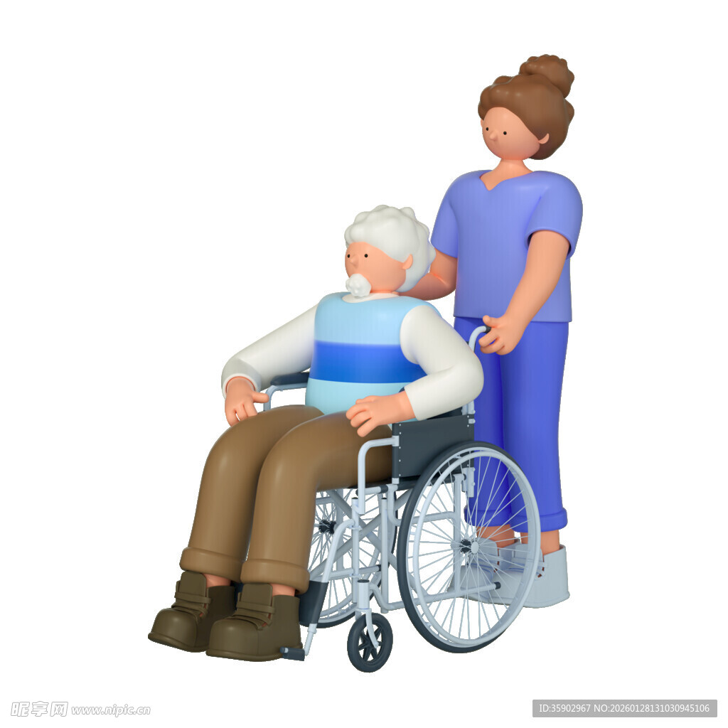 护士照料坐轮椅的老年患者