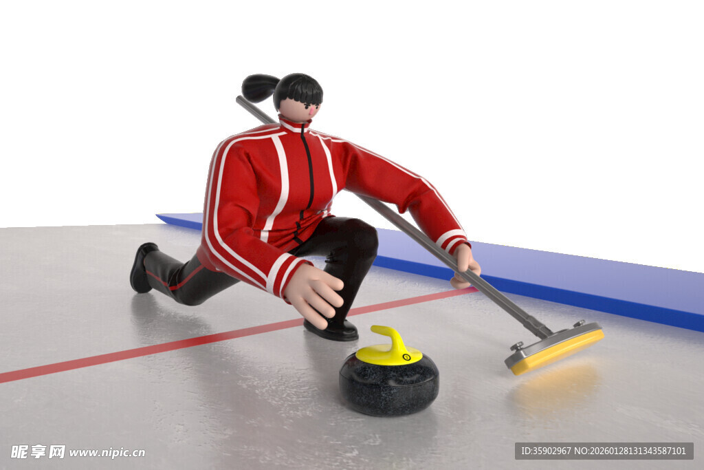 女子专注进行冰壶运动