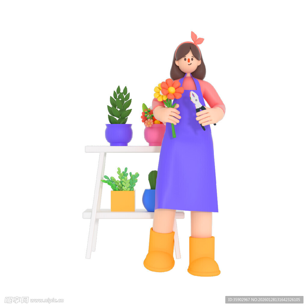 手持花束的可爱园艺女孩