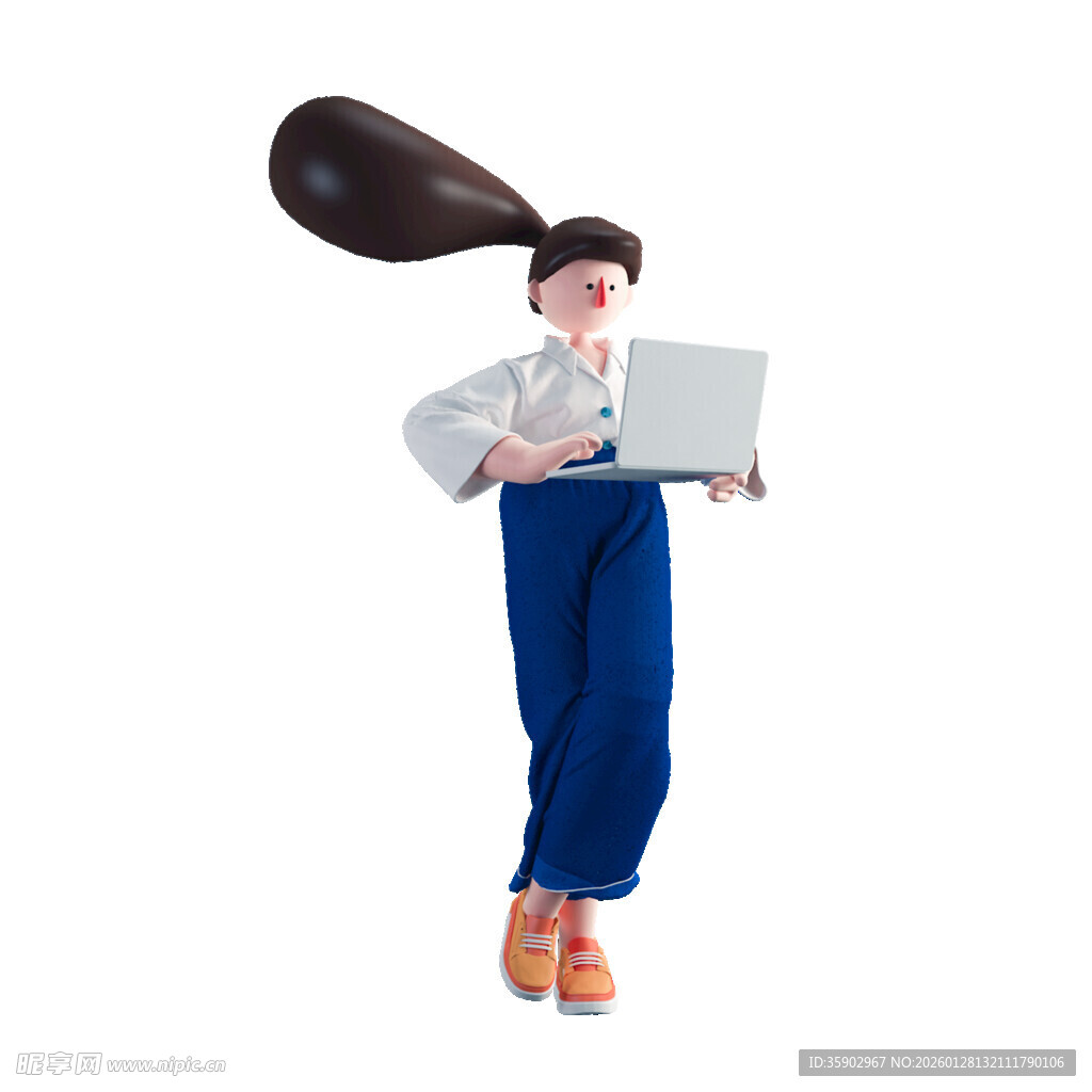 飞扬长发男子手持笔记本电脑