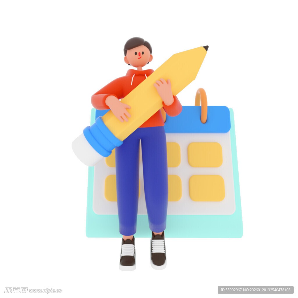 男孩持大铅笔与日历