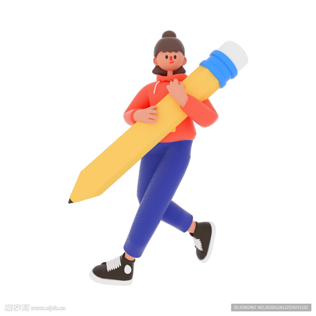 女子扛巨型铅笔欢乐奔跑