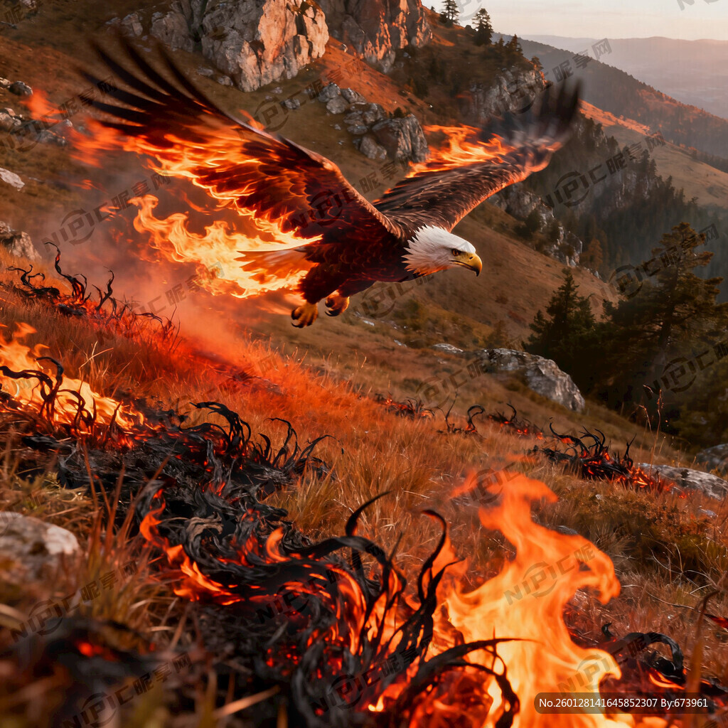 鹰翱翔在山野中翅膀煽动着火焰