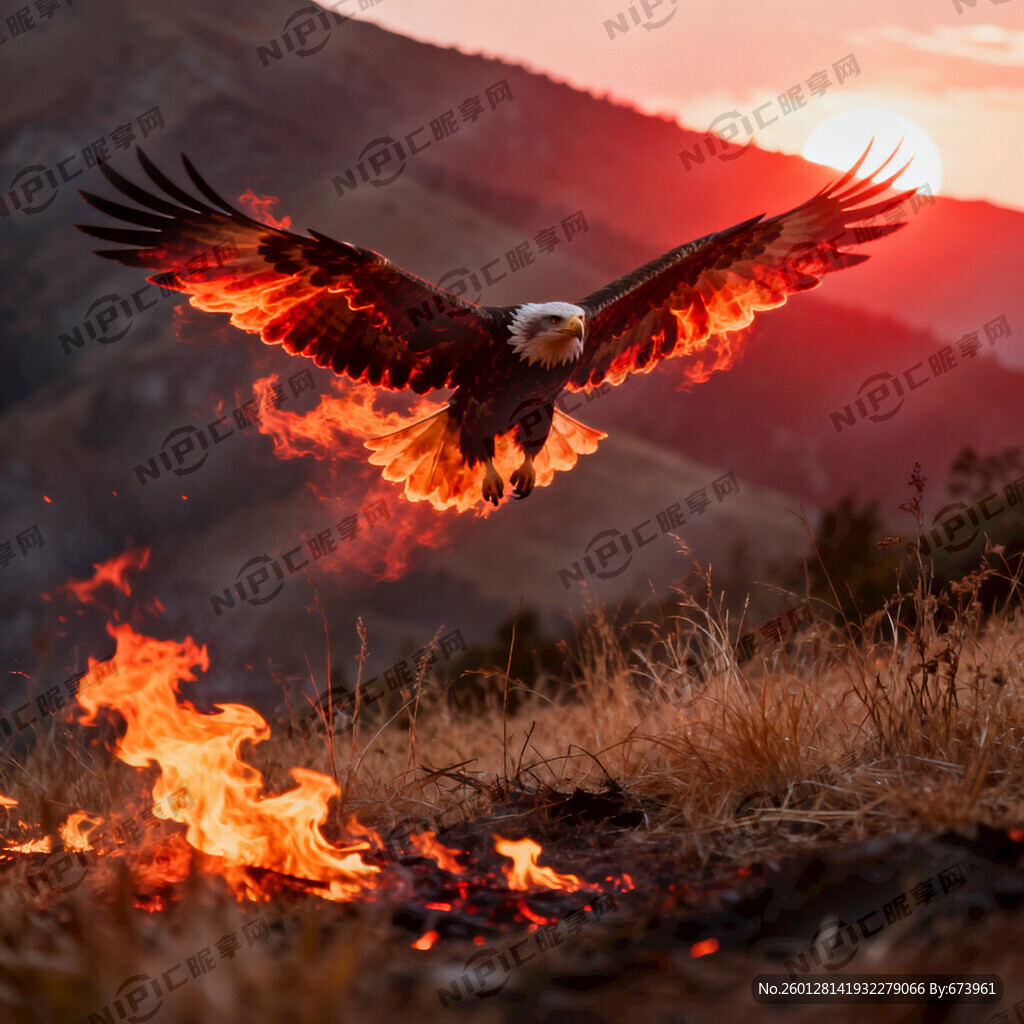 鹰翱翔在山野中翅膀煽动着火焰 