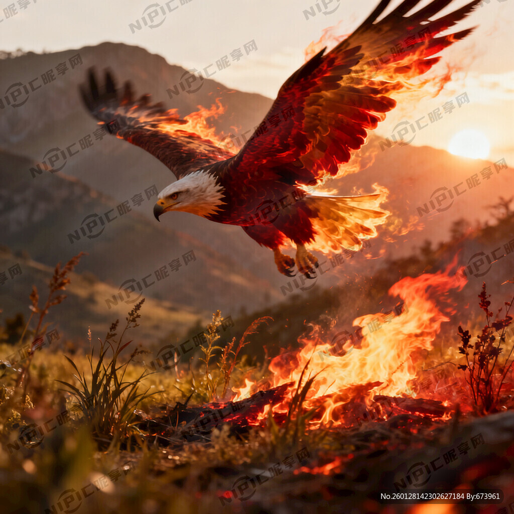 鹰翱翔在山野中翅膀煽动着火焰 
