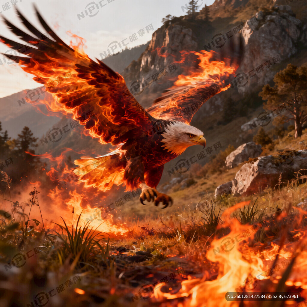 鹰翱翔在山野中翅膀煽动着火焰 