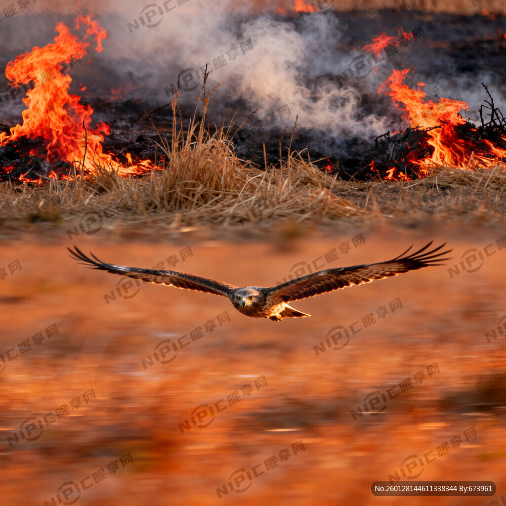 老鹰翱翔在空中 上有火有杂草