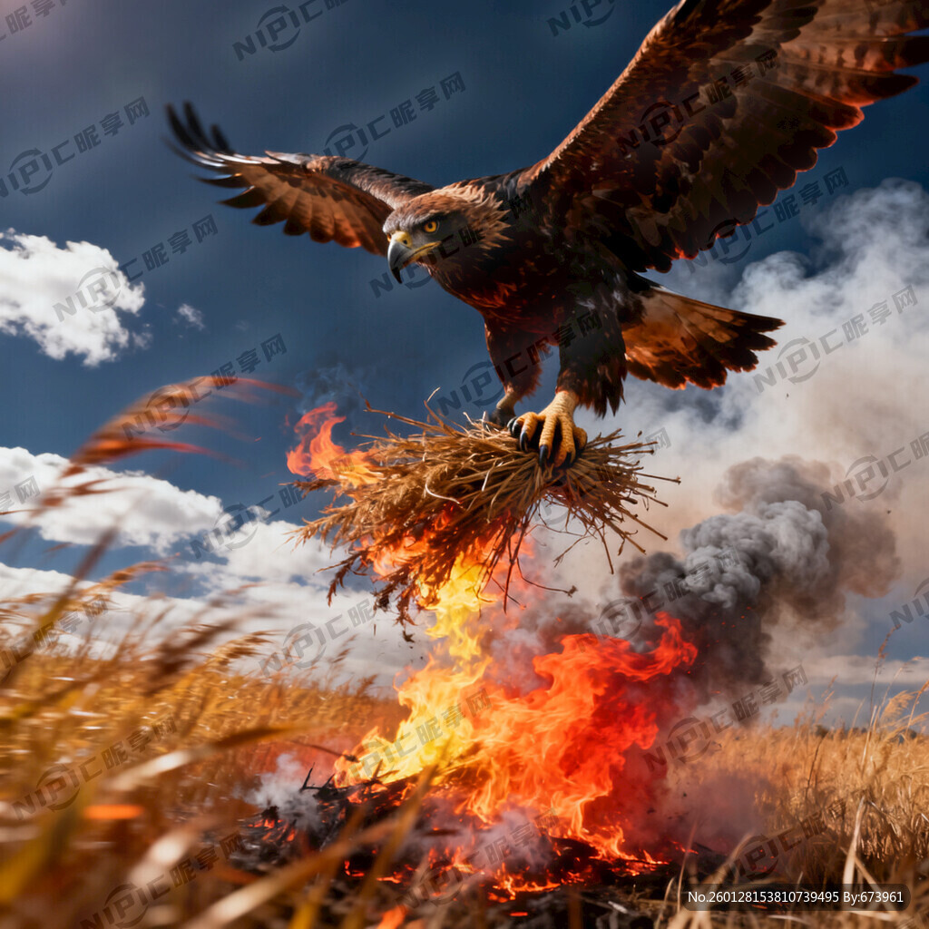 凶猛的鹰 枯草和火 在天空飞翔
