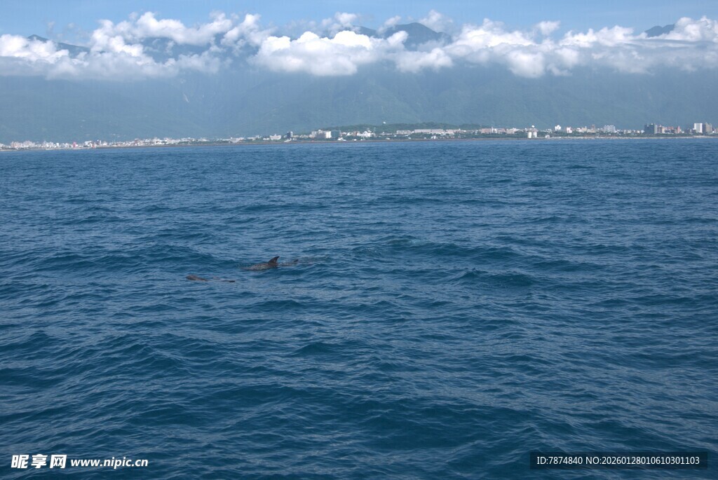 海上风光 远处城市与白云