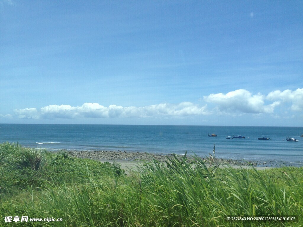 海边风光 蓝天绿草与远海