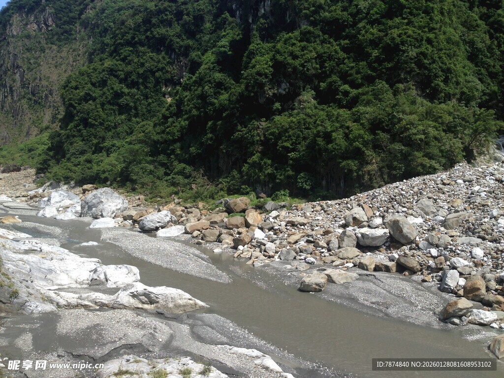 山间湍急河流与岸边碎石