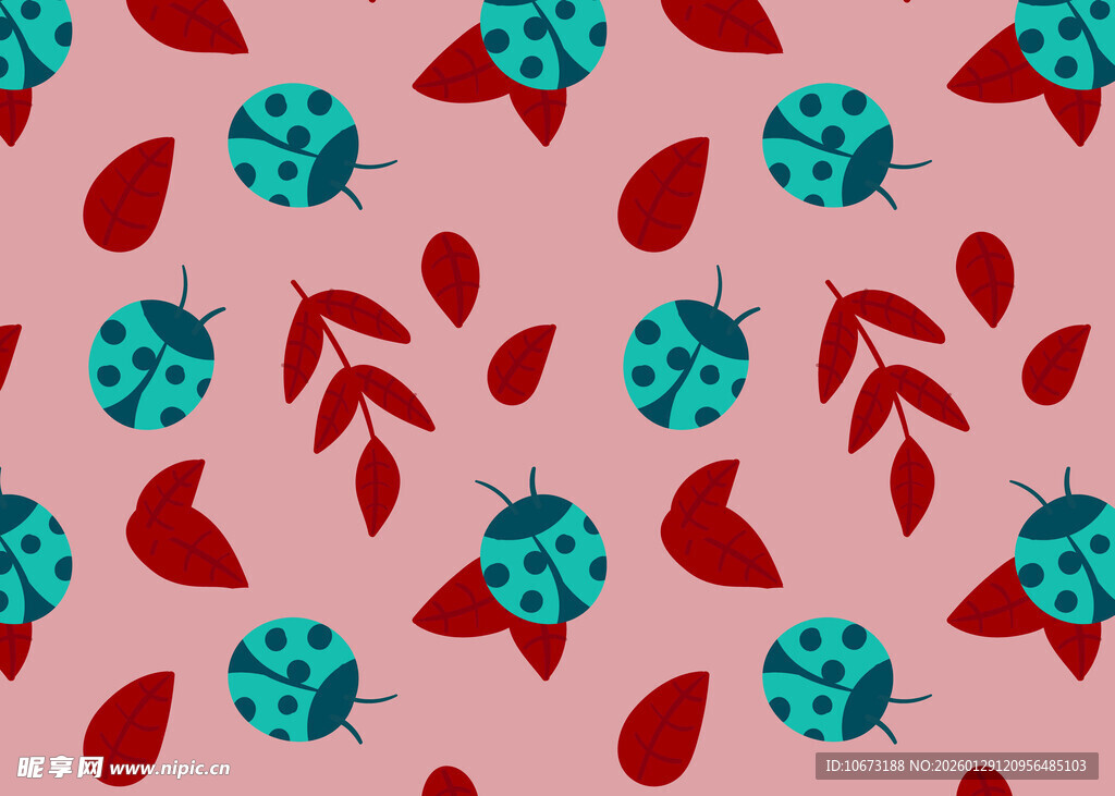 粉色底瓢虫与红叶图案