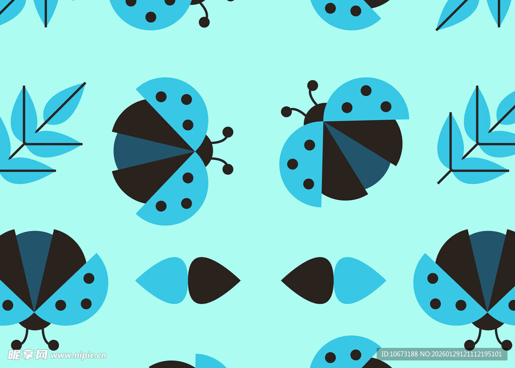蓝色瓢虫与叶片图案背景