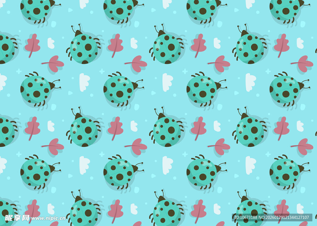 清新蓝底瓢虫植物图案
