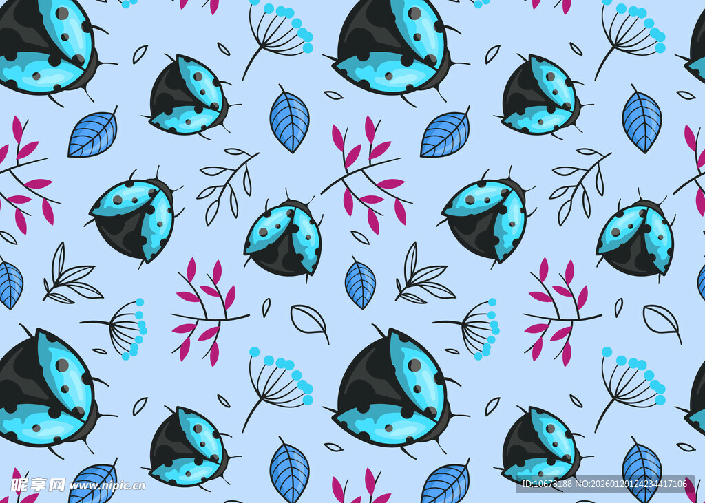 蓝底植物图案无缝背景图