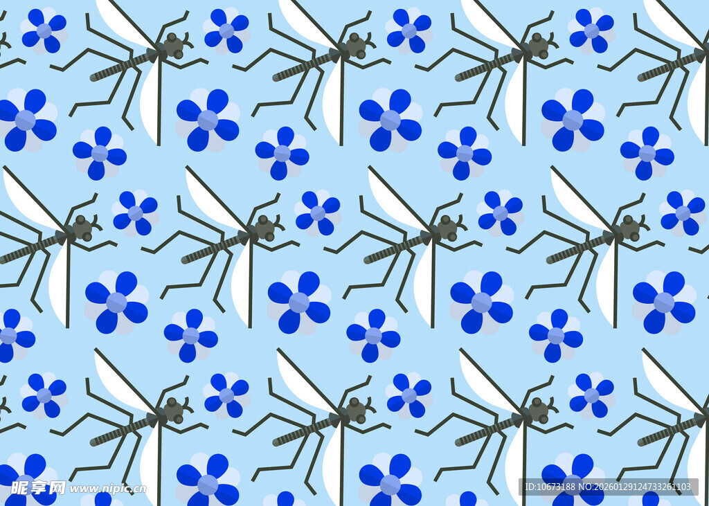 蓝底蚊虫花朵图案设计
