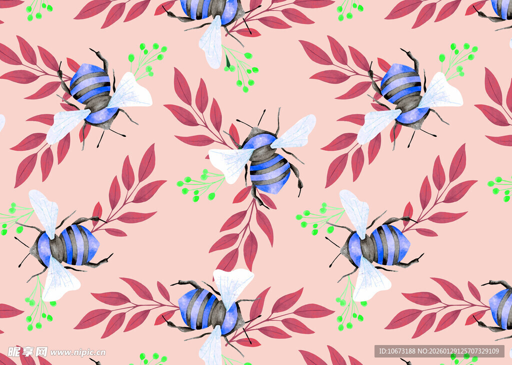 蜜蜂与枝叶的水彩图案