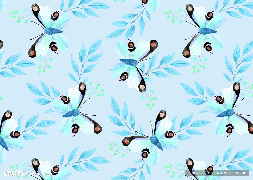 蓝底植物图案清新背景