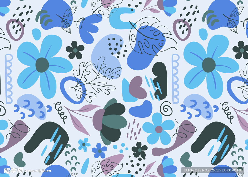 蓝紫色调花卉动物图案