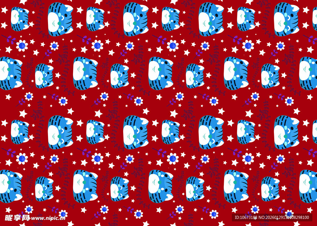 红色底蓝色图案布料纹理