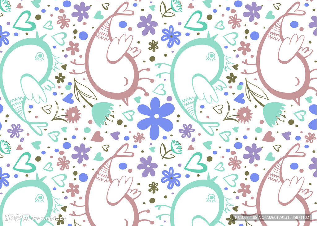 花卉猫咪图案无缝背景图