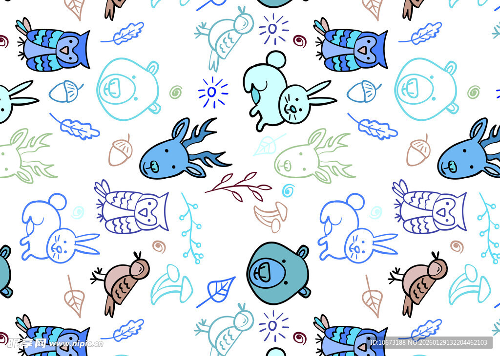 卡通动物涂鸦无缝图案