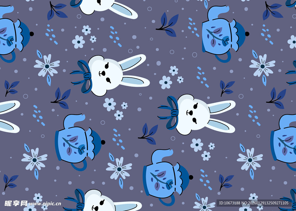 蓝紫背景兔子雪花图案