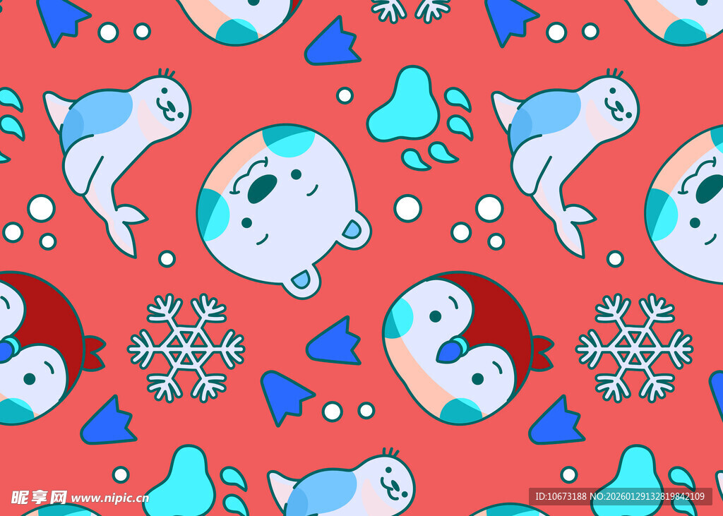 冬日海洋动物红色背景图案