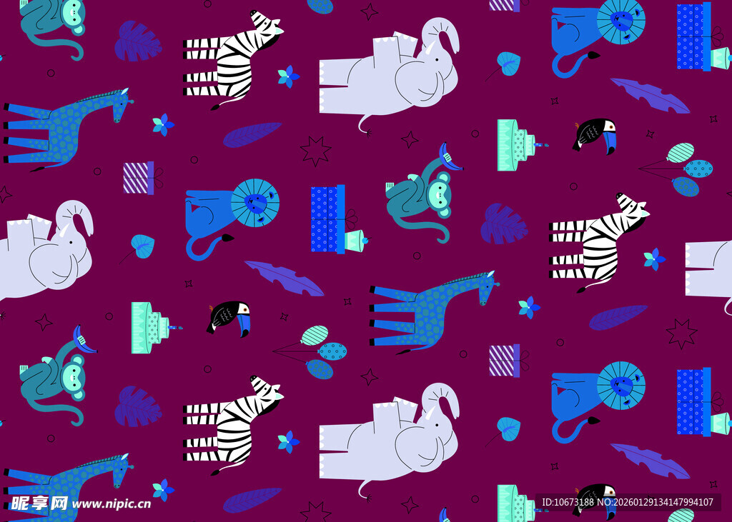紫色背景动物乐器图案