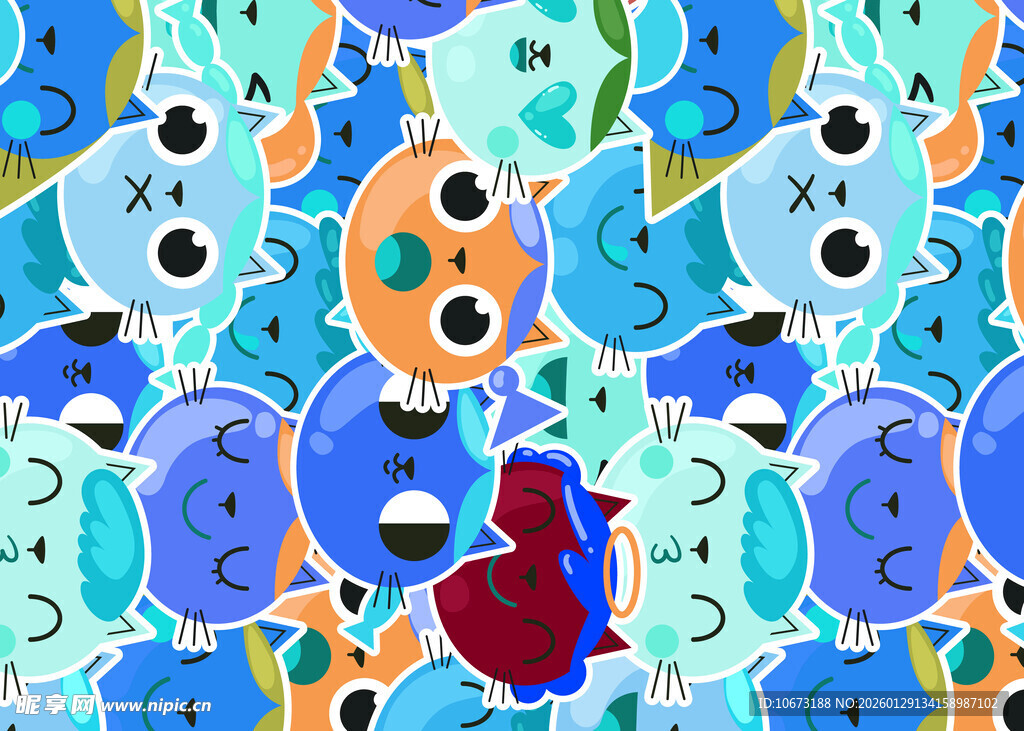 多彩卡通鱼群图案背景