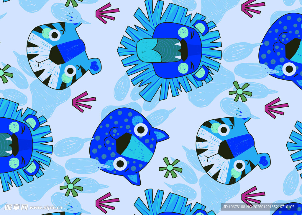 蓝色卡通海洋生物图案