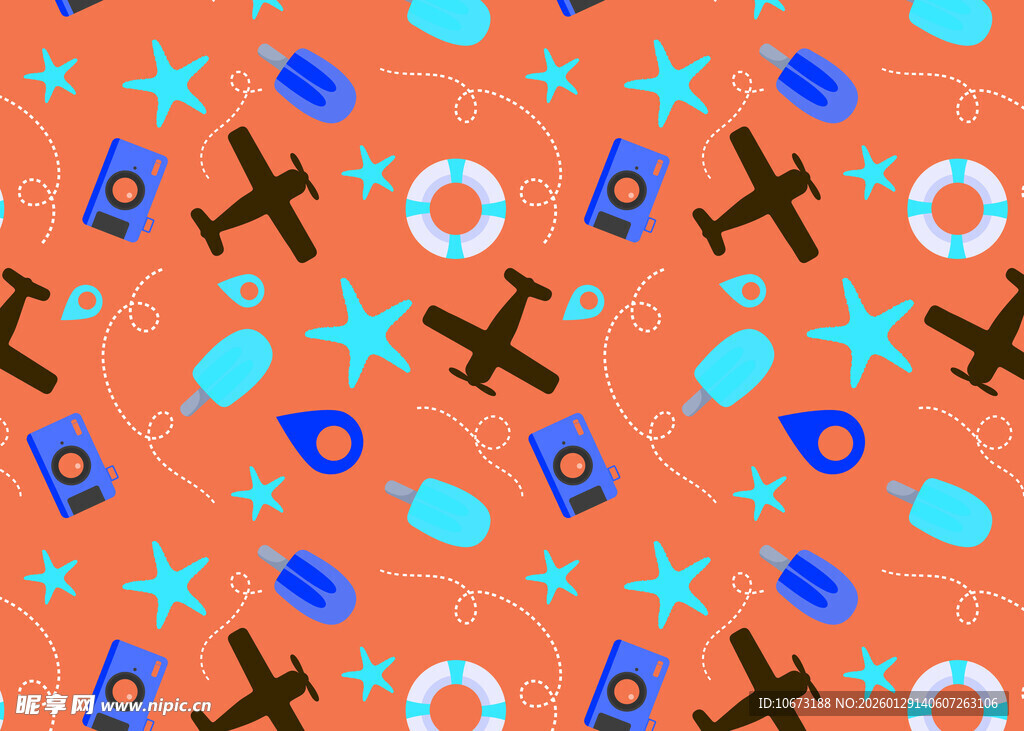 橙色底多彩飞机星星图案