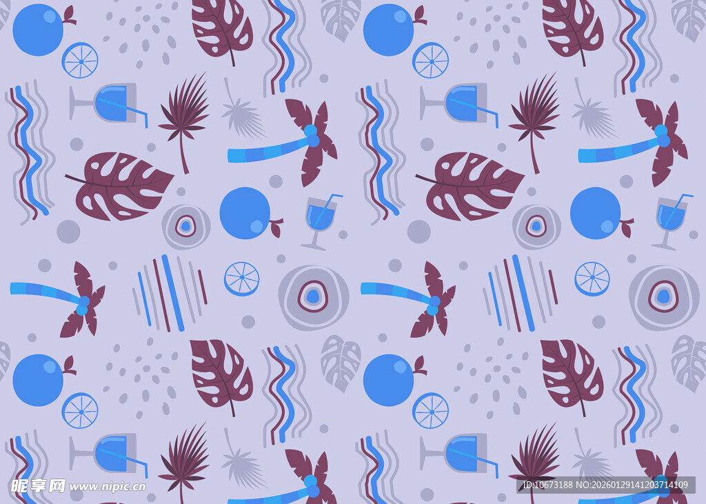 蓝紫植物花卉几何图案