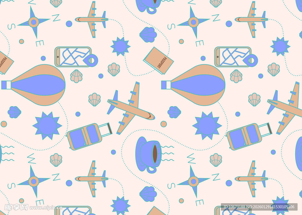 卡通风格航空元素无缝图案