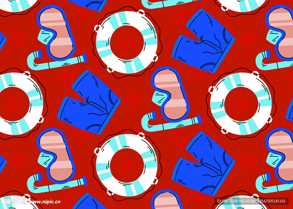 红蓝救生圈与潜水装备图案
