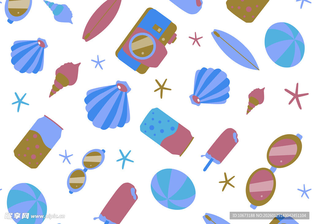 夏日海滩元素无缝图案